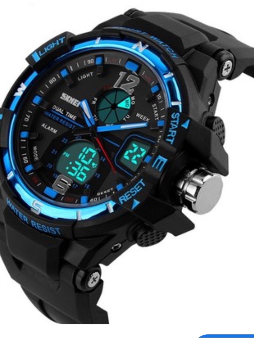 Skmei 1148 dual time sports watch with a black rubber band and blue accents